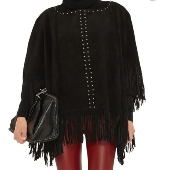 Michael Kors Suede Leather Poncho With Studs Fringe - Black S/M - Picture 1 of 7